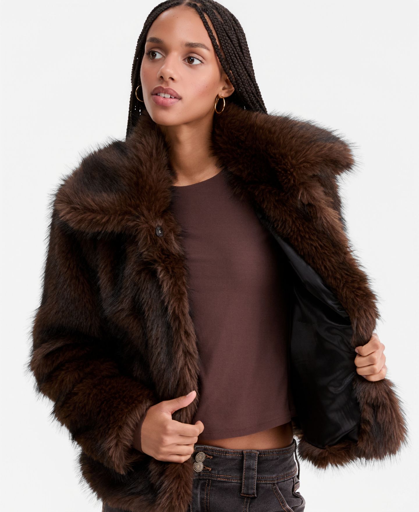 Женское пальто Sebby Faux-Fur Collared, цвет: Коричневый / Чёрный — фото 2