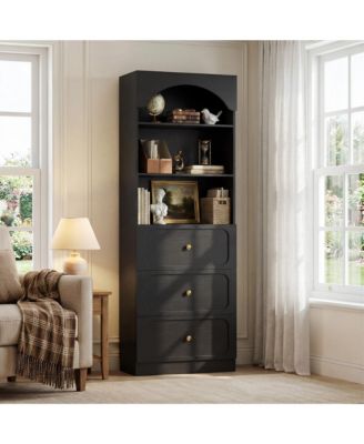 Wooden Pantry Storage Cabinets with 3-Tier Open Shelves, 80" Tall Bookshelf with 3 Drawers