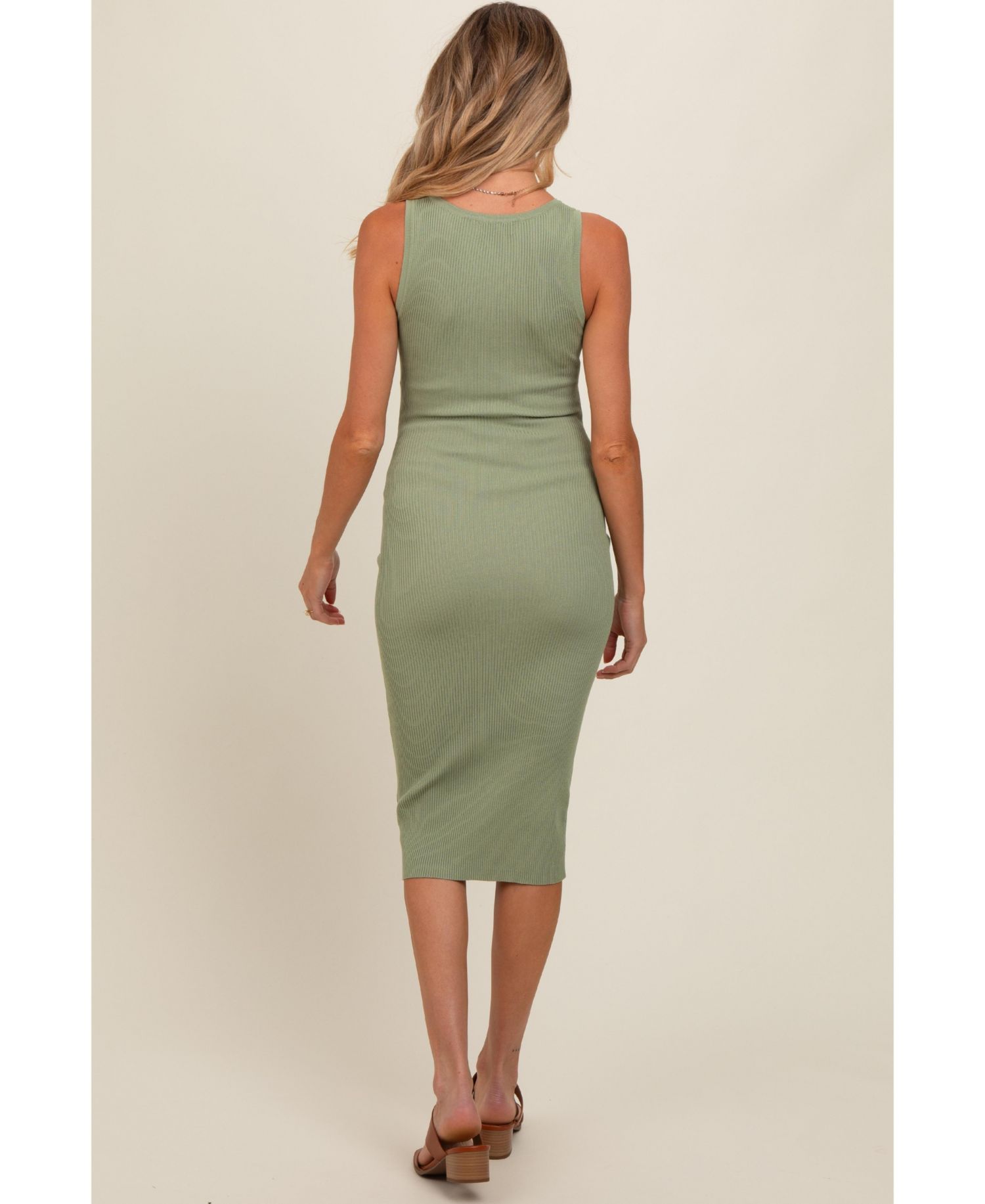 Women's Light Olive Ribbed Fitted Sleeveless Snap Button Dress