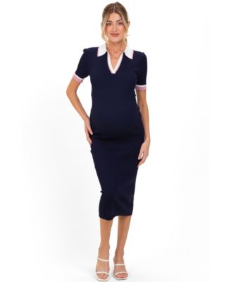 Maternity Navy Collared Colorblock Midi Dress