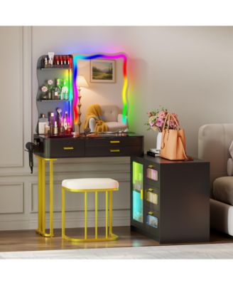 Lvifur RGB Makeup Vanity Desk with Lights, Glass Top Vanity Table