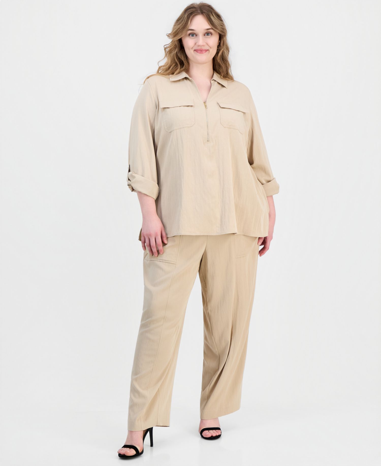 Plus Size Collared Half-Zip Long-Sleeve Top & Pull-On Straight-Leg Pants