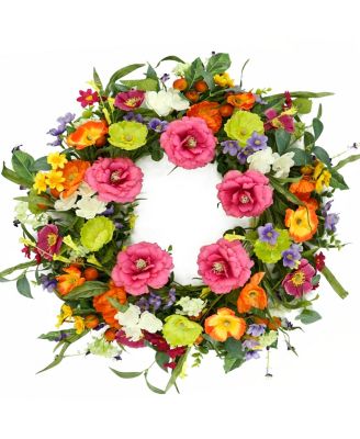 22" Artificial Peony Poppy Lavender Wreath Door Wall Decor