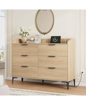 6-Drawer Dresser with Power Outlets, USB Ports, Wide Wooden Storage Chest for Bedroom Living Room Entryway
