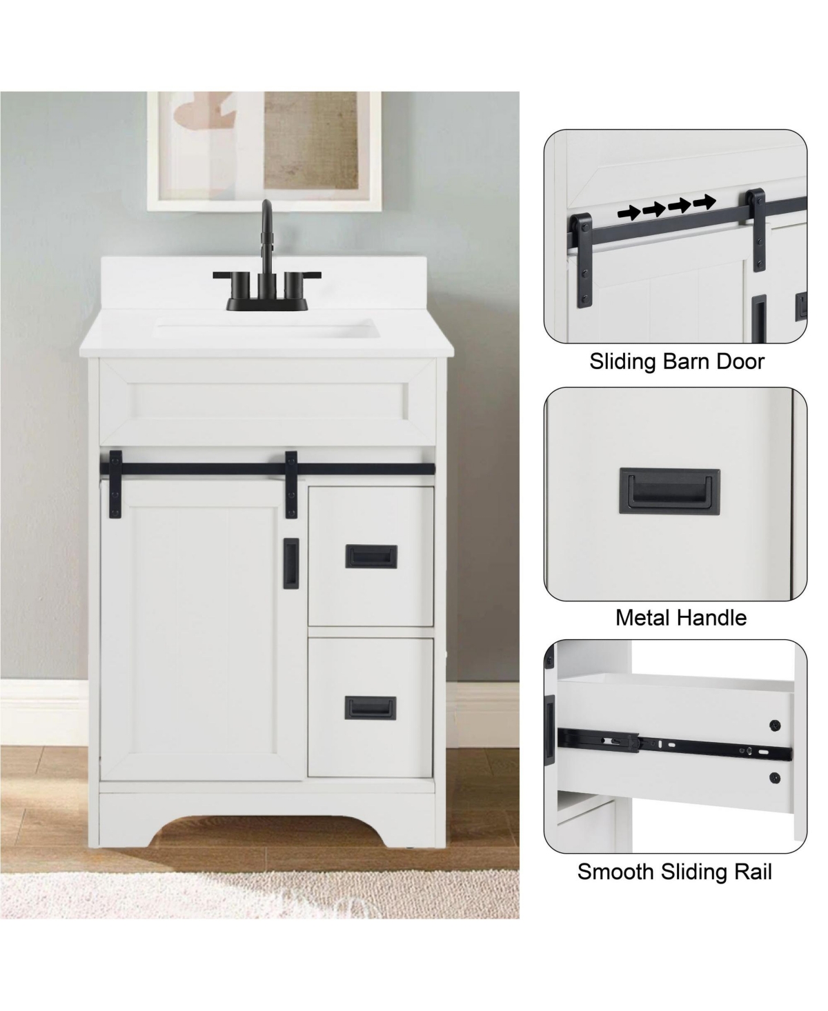 Phying 24 Inch Farmhouse Bathroom Vanity Freestanding Single Undermount Sink Cabinet with Sliding Barn Doors and 2 Drawers