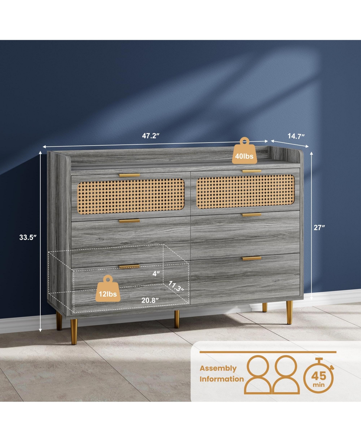 homfan 47" Wide Modern Chest of Drawers, 6 Drawer Double Dresser for Bedroom,Wooden Storage Rattan Dresser for Bedroom Living Room Hallway