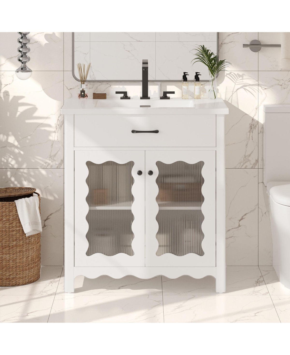 Phying 30 Inch Small Bathroom Friendly Vanity Modern Tempered Glass Cabinet with Rubber Wood Legs and Soft Close Storage Doors