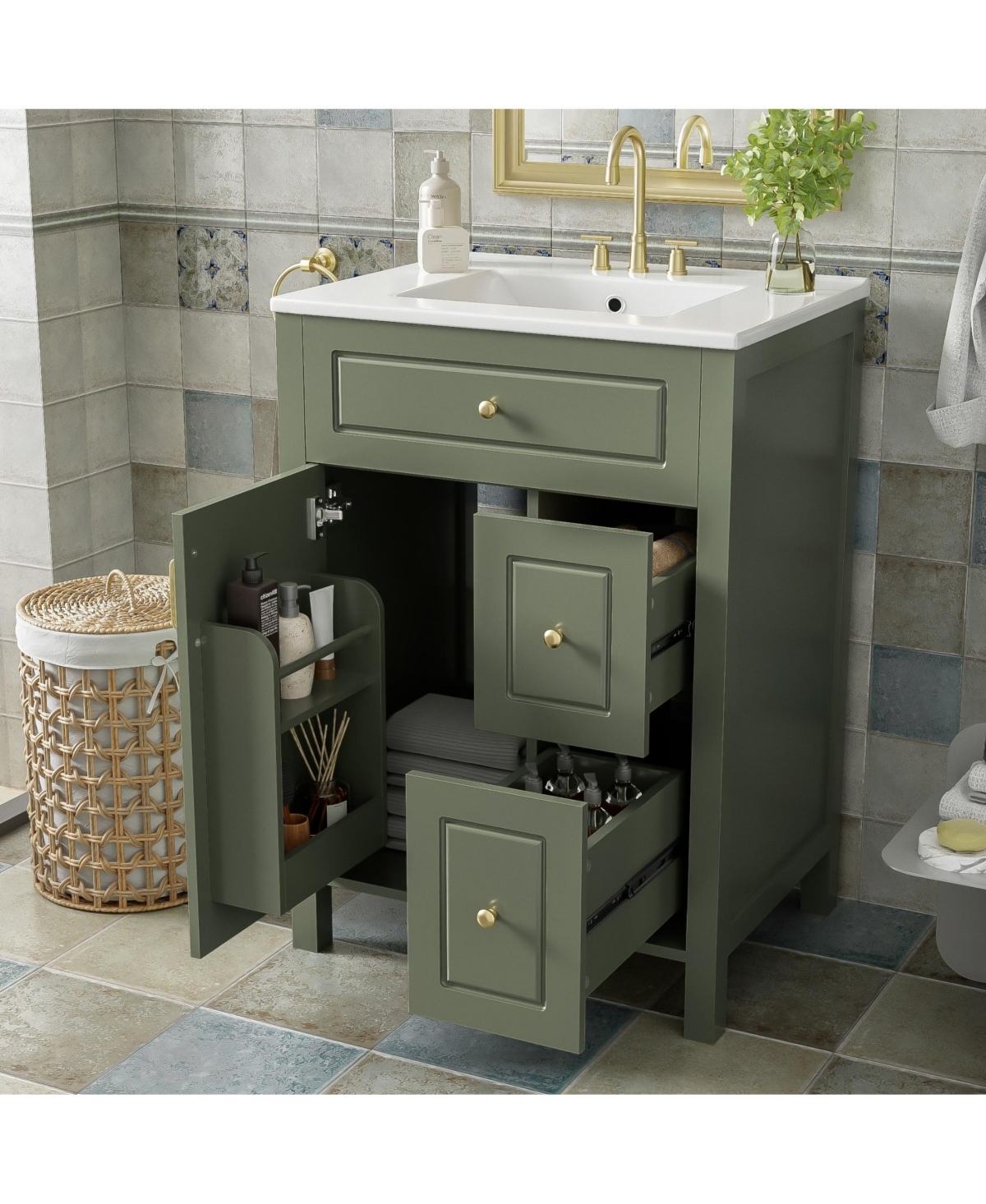 Phying 24 Inch Bathroom Vanity with Ceramic Sink Modern Freestanding Bathroom Cabinet with 2 Soft Close Drawers and Double Door Storage Racks