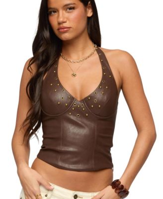 Edikted - Women's Vaya Studded Faux Leather Halter Top Brown