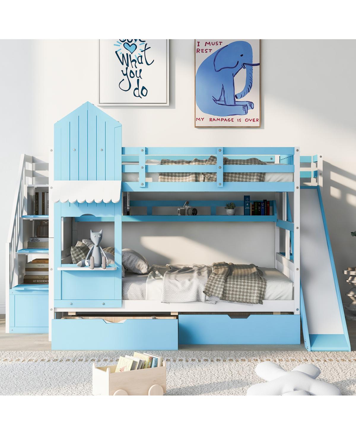 Streamdale Furniture Castle Bunk Bed With Slide, 2 Drawers, 3 Shelves