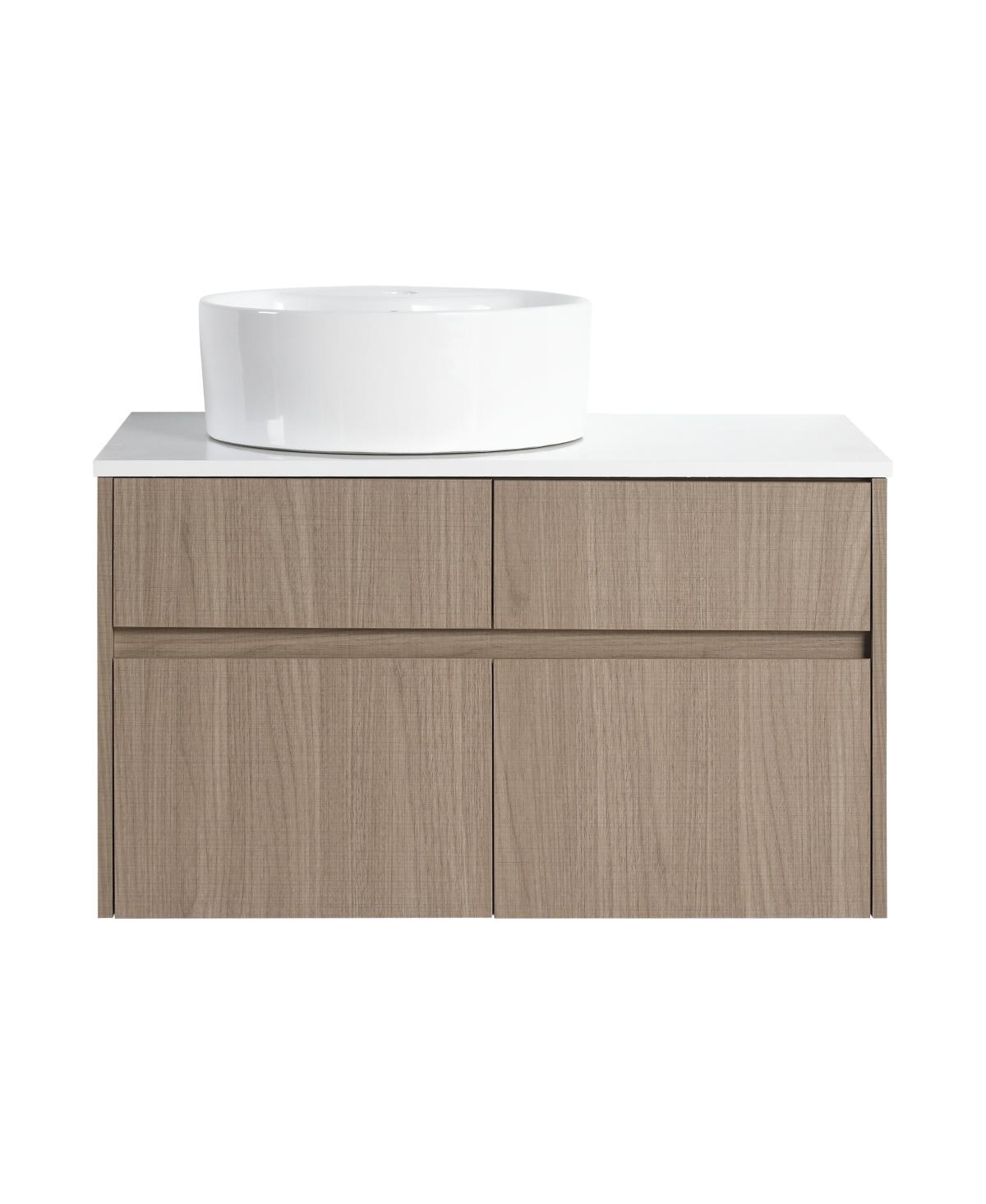 Sillysis 31.5 Inch Wall Mounted Bathroom Vanity with Round Ceramic Sink, Storage Drawers and Wood Grain Finish for Modern Bathrooms