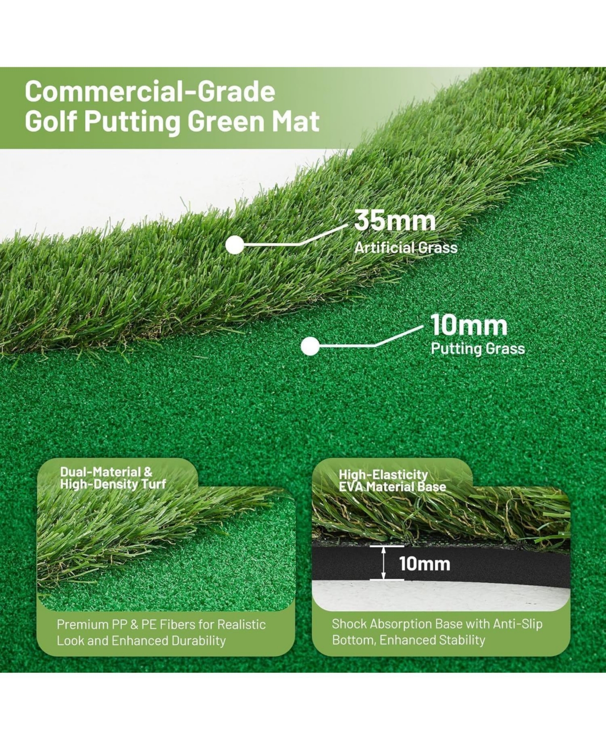 Xo Golf Putting, Thick Turf Practice Mat with 3 Holes and Flags for Indoor Outdoor Home Office Training