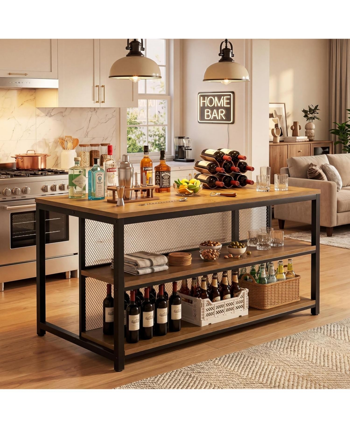 Tribesigns 63 Inch Bar Table, Industrial Home Bar Unit with Storage Shelves and Seating, Wine Cabinet for Kitchen, Dining Room, Living Room, Bistro