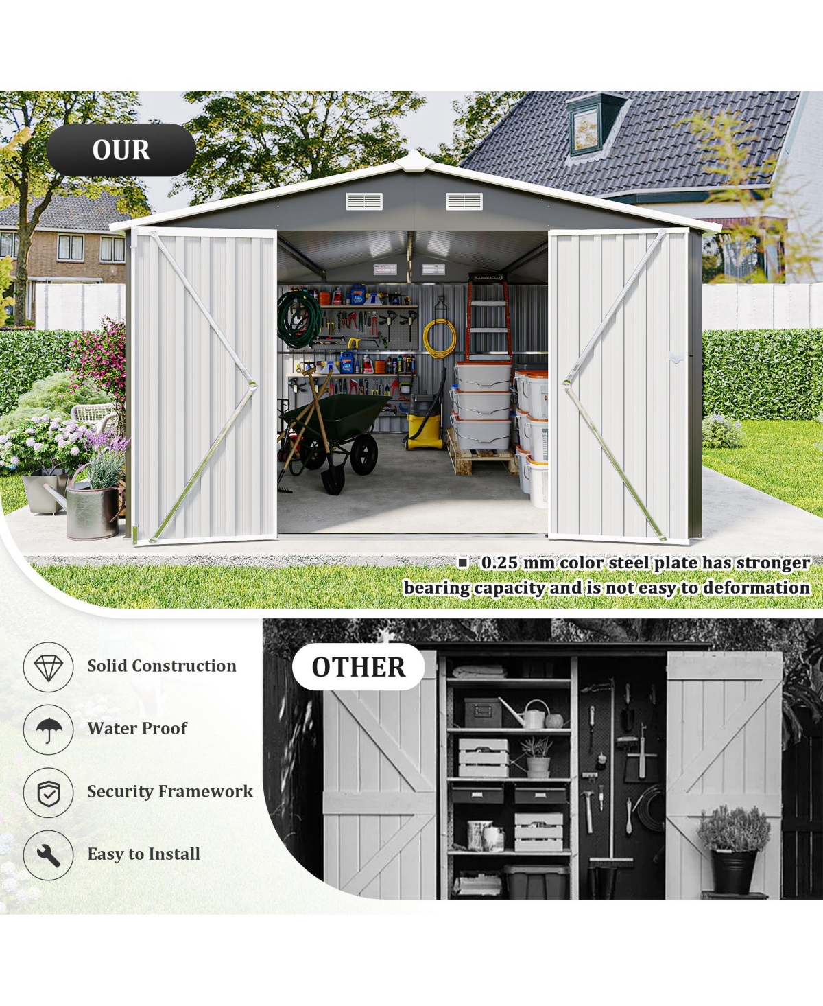 Mondawe 10 x 14 feet Outdoor Metal Storage Shed with 3 Lockable Doors Vents Sloped Roof