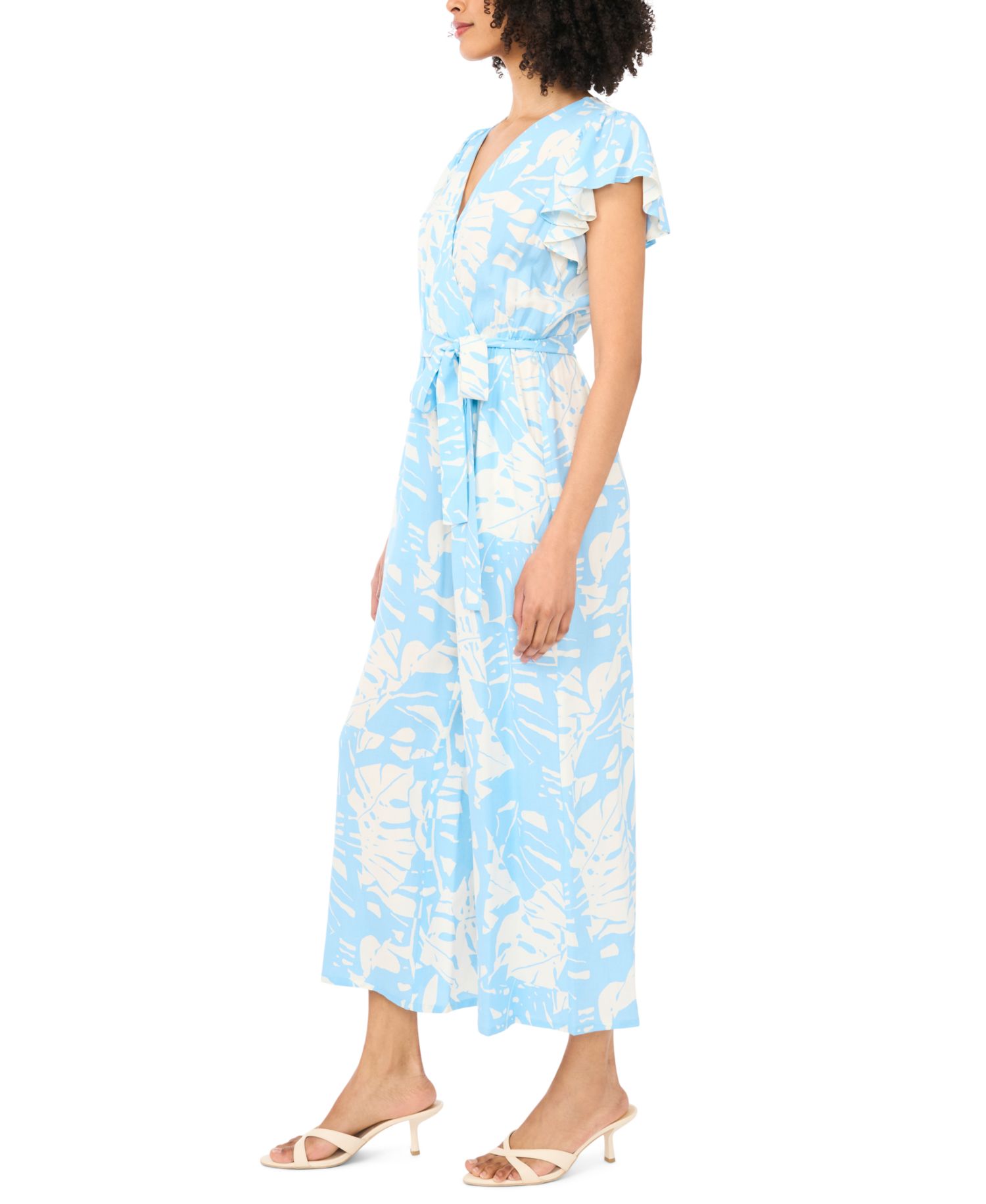 Women's Printed Tie-Waist Flutter-Sleeve V-Neck Jumpsuit