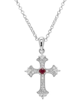 Lab-Grown Blue & White Sapphire (0.36 ct. t.w.) Vintage Cross Pendant Necklace in Sterling Silver (Also Available in Lab-Grown Ruby)
