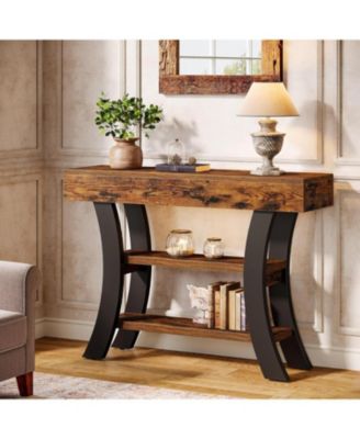 41" Console Table, 3-Tier Narrow Rustic Sofa Table with Storage Shelves and Curved Frame for Living Room, Entry, Hallway, Foyer