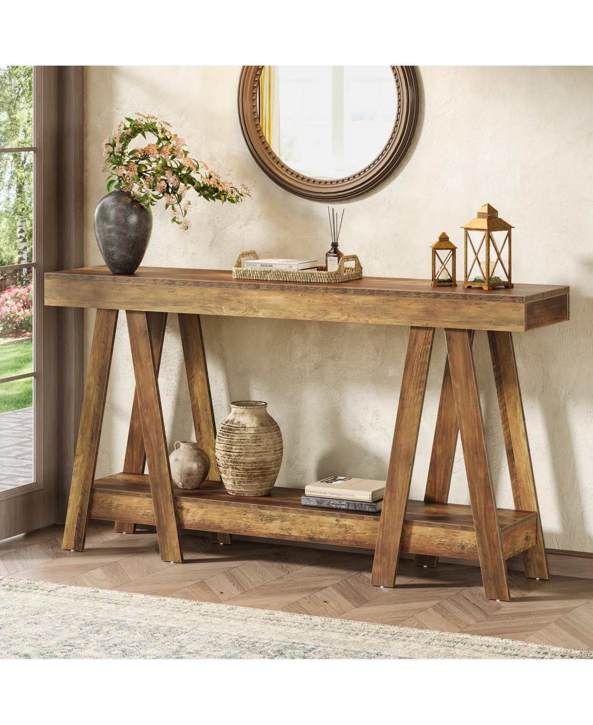Slickblue Farmhouse Entryway Console Table, 2-Tier Behind Sofa Table with Storage Shelves