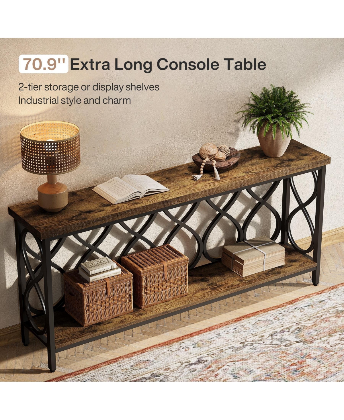 Slickblue Modern Industrial Console Table with 2-Tier Shelves for Living Room and Entryway