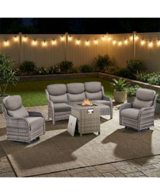 4 Pieces Patio Furniture Set with Fire Pit High Back Outdoor Furniture Set 5-inch Cushions Wicker Patio Swivel Rocker Chairs