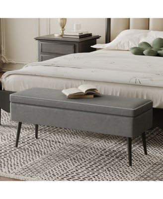 Storage Ottoman Bench, Faux Leather Upholstered Shoe Bench with Dual Safety Hinges for Entryway or End of Bed