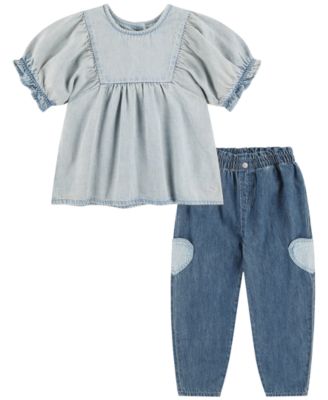 Baby Girls' Yoke Short-Sleeve Top and Balloon Pants, 2-Piece Set