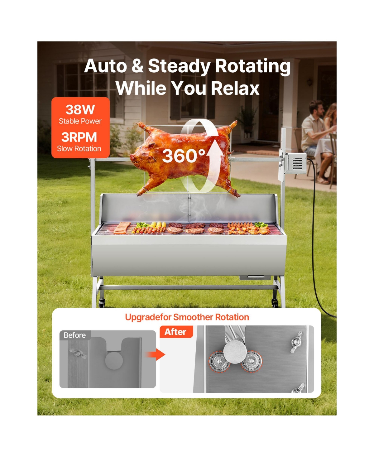 Cozito Rotisserie Grill, 38W Charcoal Spit Roaster with Wheels and 4-Level Height