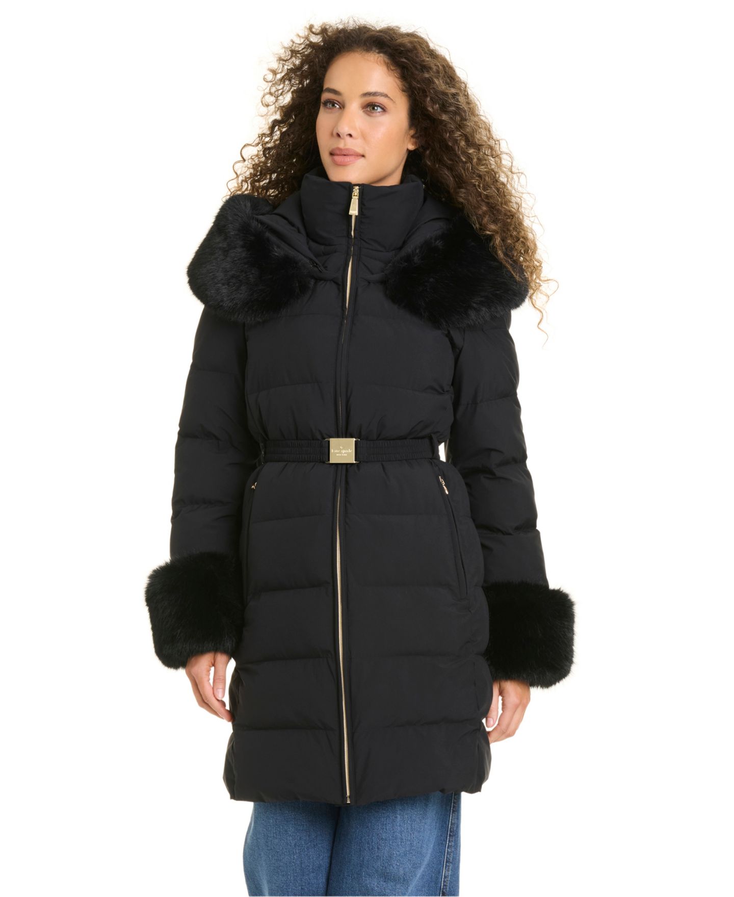 Женская куртка kate spade new york Faux-Fur Arm Cuff Hooded Puffer, цвет: Чёрный — фото 4