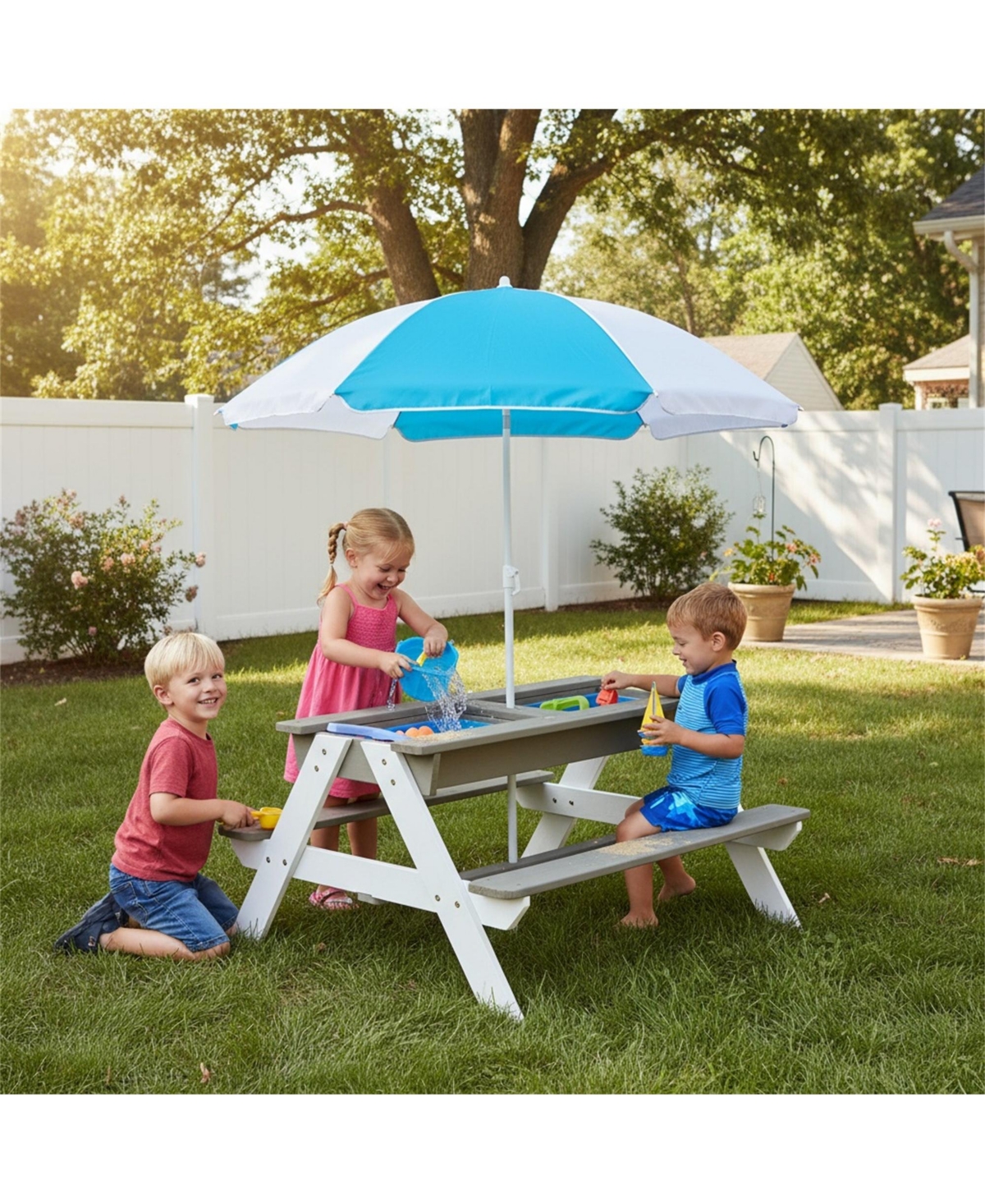 Clihome Wooden Kids Picnic Table, Sand And Water Table With Umbrella, Activity Table For Patio Play