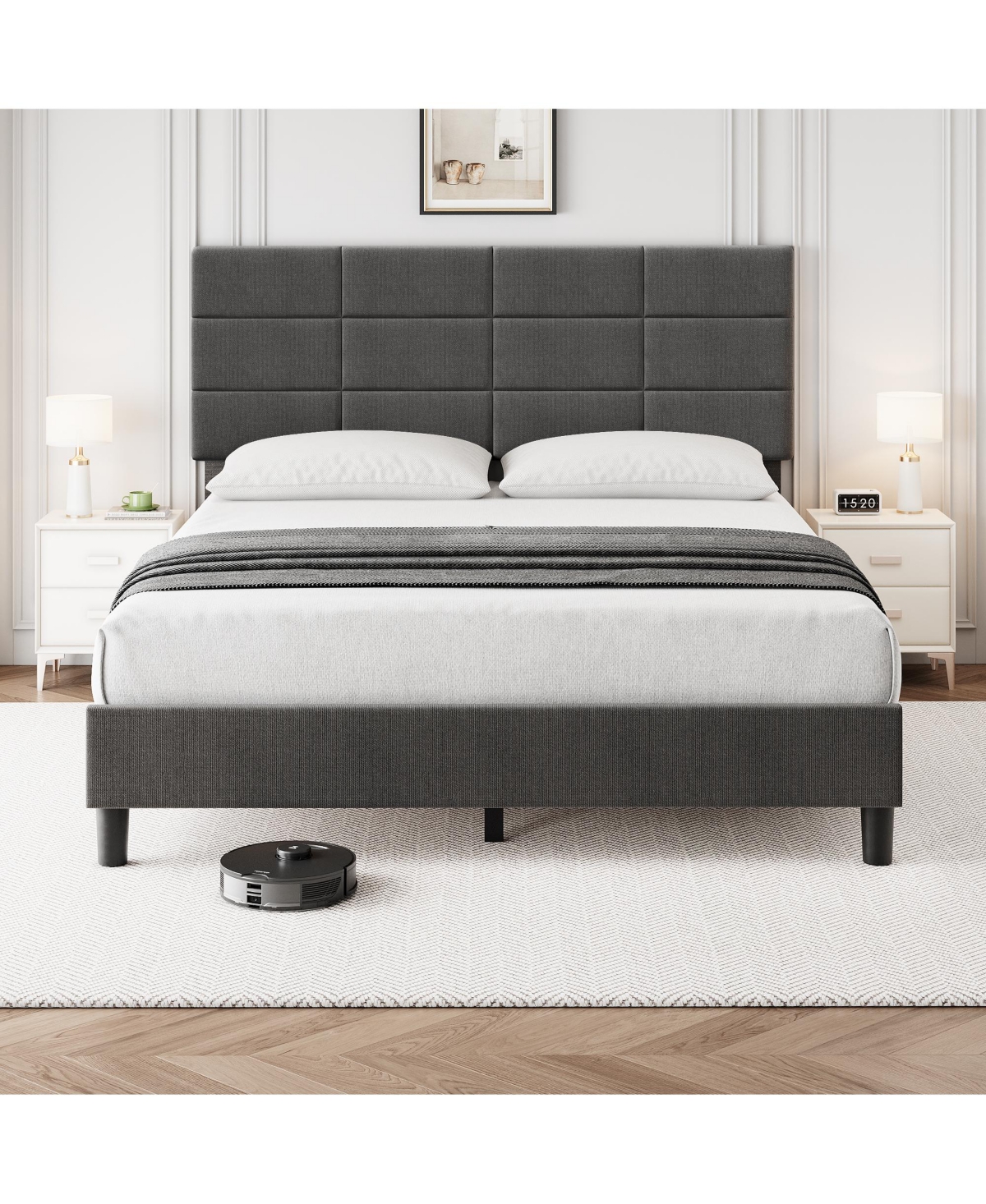 homfan Linen Upholstered Platform Bed Frame with Adjustable Headboard, Wood Slat Support, Quiet Design