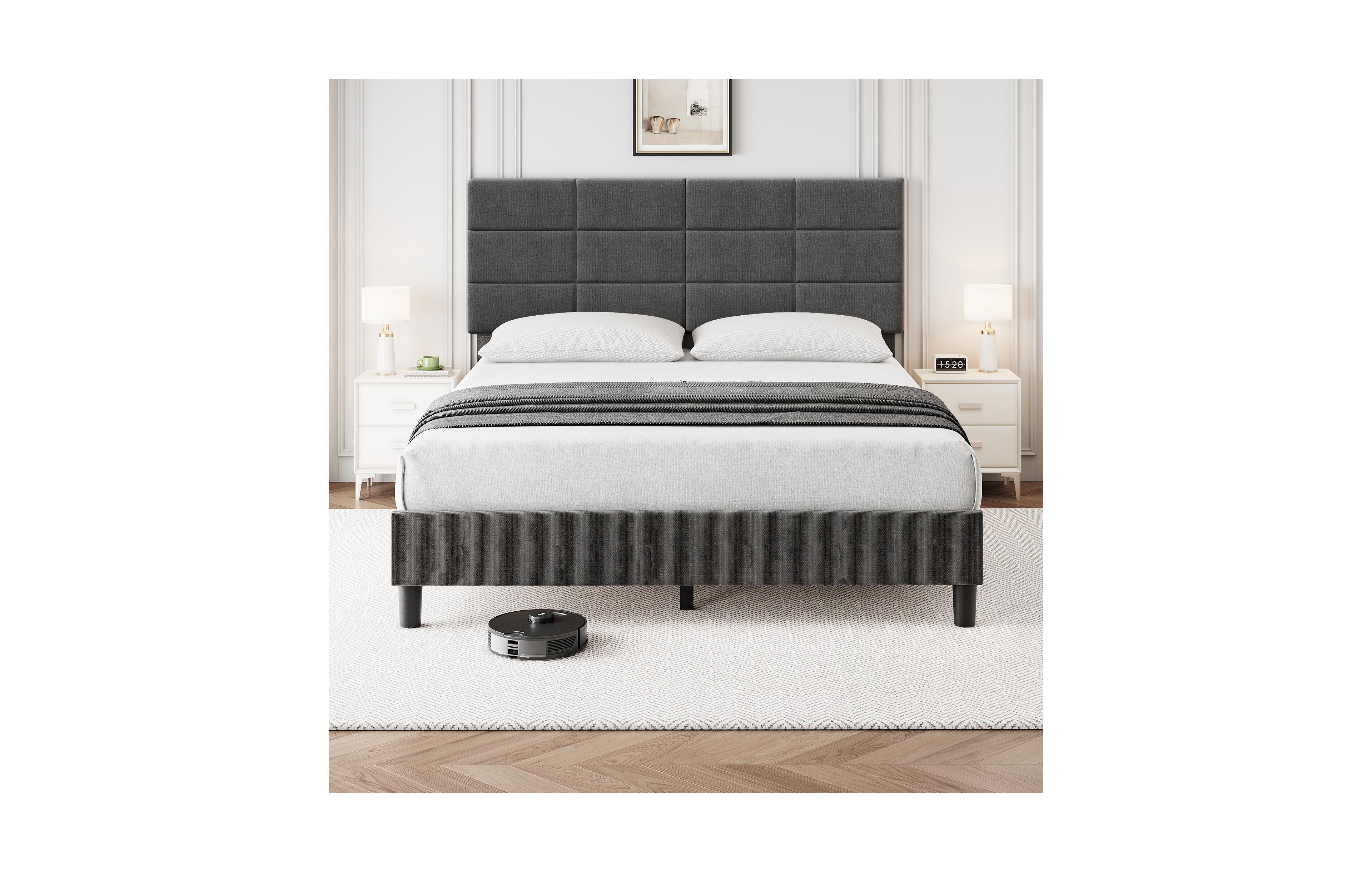 homfan Linen Upholstered Platform Bed Frame with Adjustable Headboard, Wood Slat Support, Quiet Design