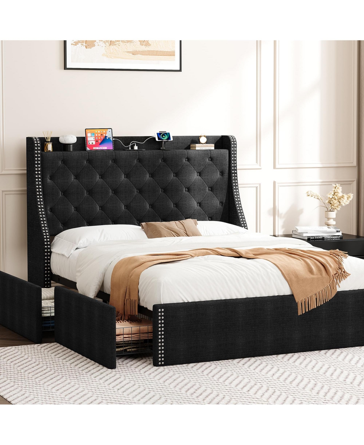 homfan Bed Frame with 4 Storage Drawers, Wingback Headboard, Charging Station, Wood Slat Support