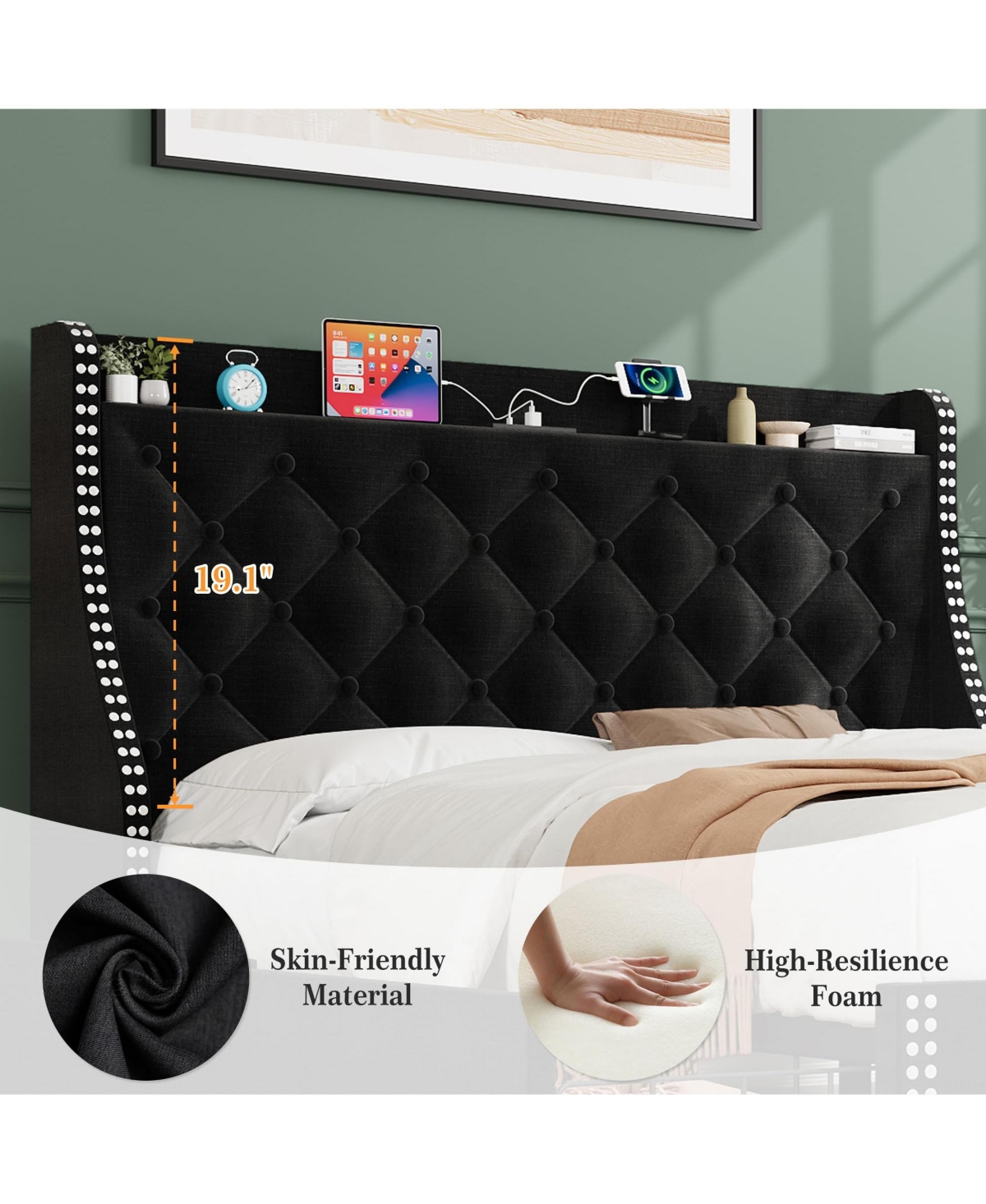 homfan Bed Frame with 4 Storage Drawers, Wingback Headboard, Charging Station, Wood Slat Support