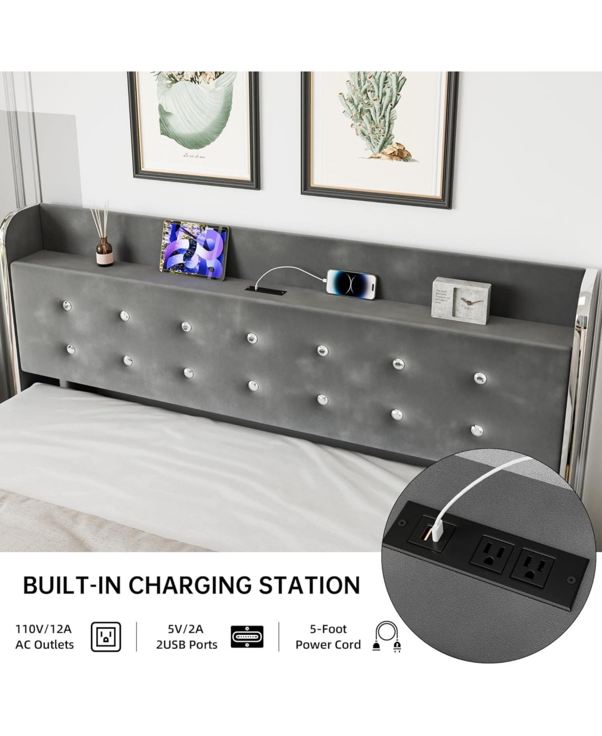 Streamdale Furniture homfan Bed Frame with Headboard Shelf and Charging Station and 4 Storage Drawers, Upholstered Platform Bed Frame