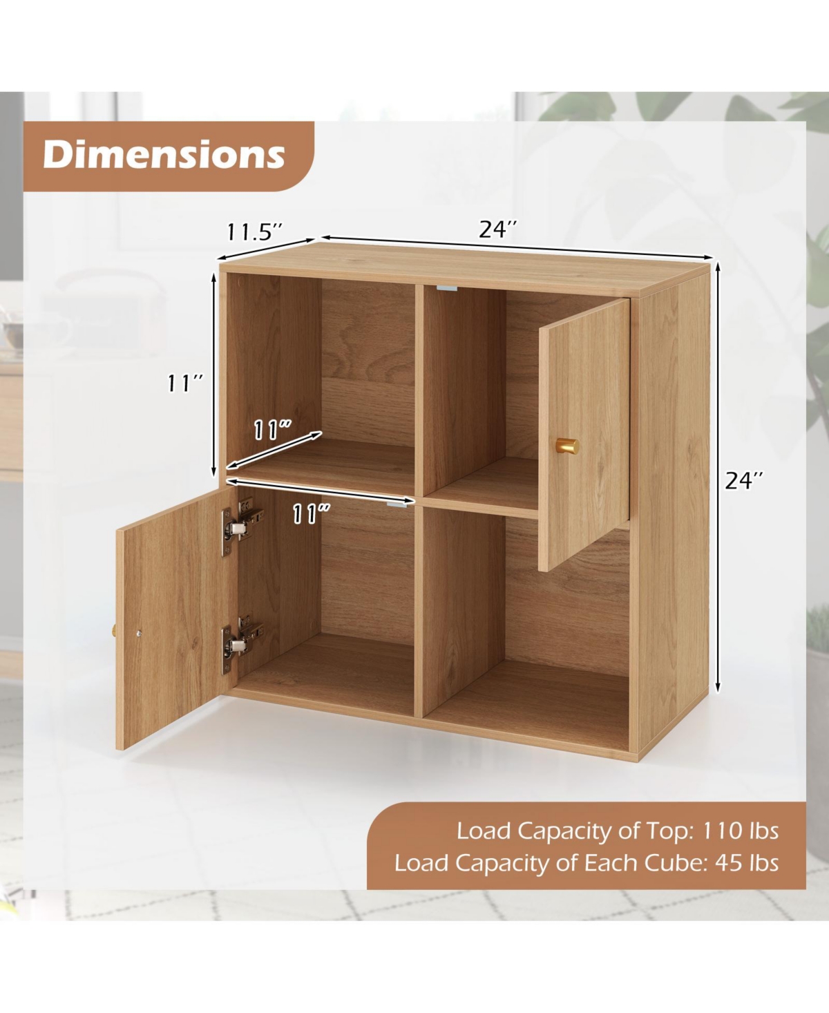 Slickblue Modern 3 Tier Bookshelf with 4 Cubes and Cabinet Storage