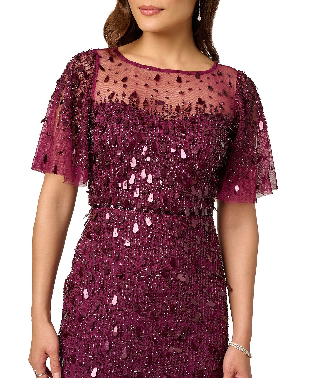Adrianna Papell Women's Beaded Mesh Flutter-Sleeve Midi Dress view 3 — MAYCSS fashion products