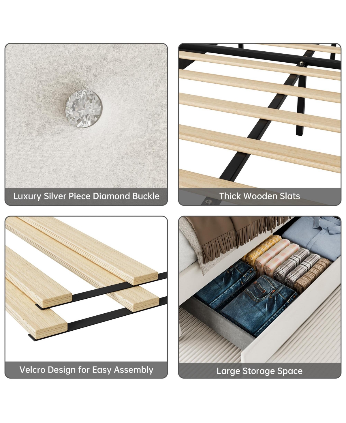homfan Elegant Upholstered Platform Bed Frame Diamond Tufted Headboard with 4 Storage Drawers Space Saving Trundle