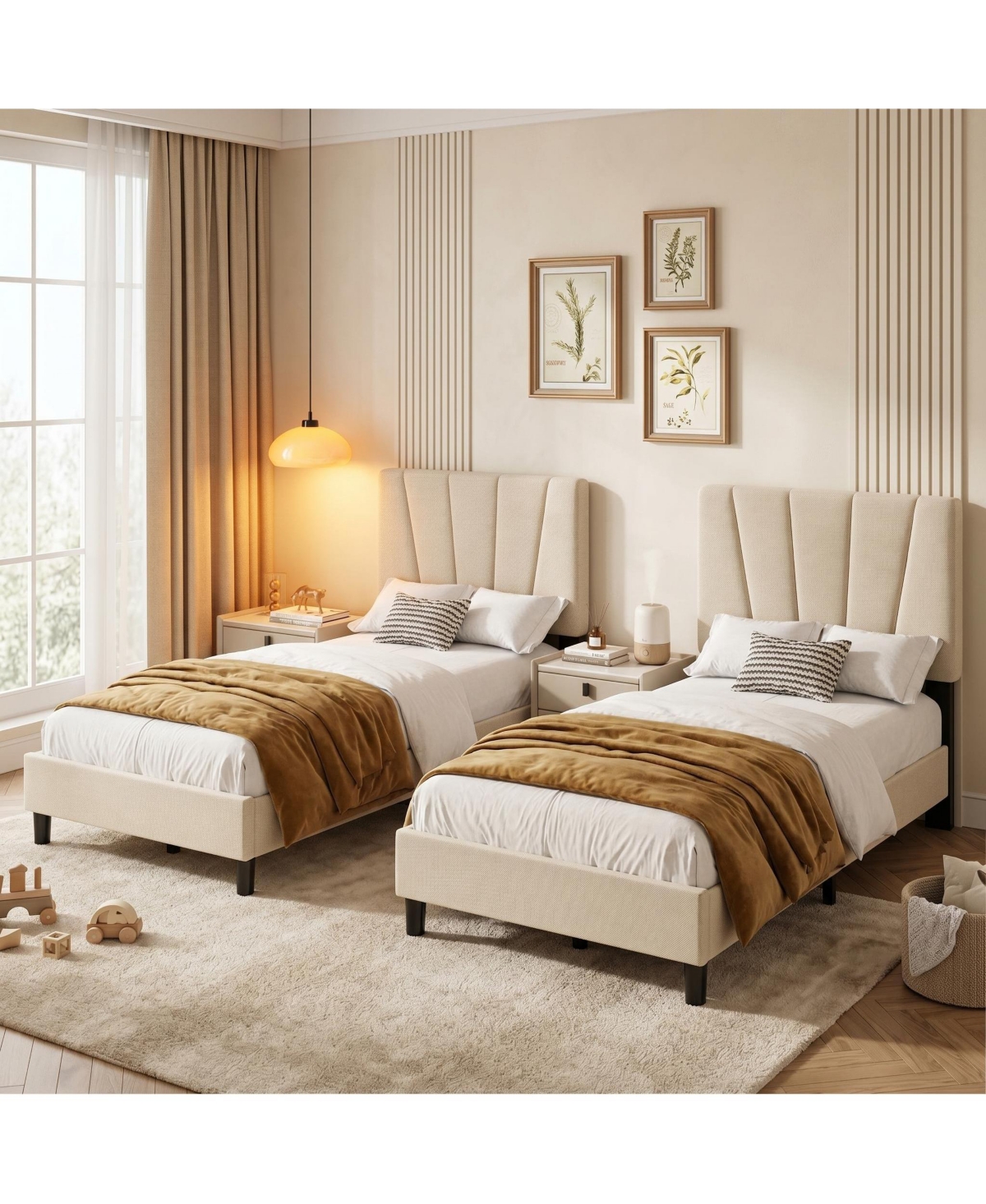 homfan 2 Set of Twin Size Bed Frame with Adjustable Headboard, Linen Upholstered Platform Bed with Wooden Slats