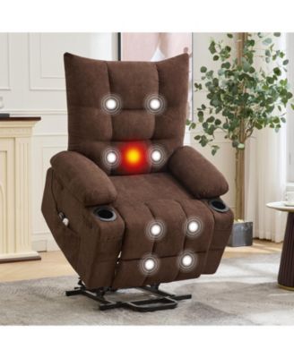 Padded Power Lift Swivel Rocker for Elderly, Electric Stand-Assist Chair with Massage and Heat, Cup Holders and Side Pocket for Lounge Use