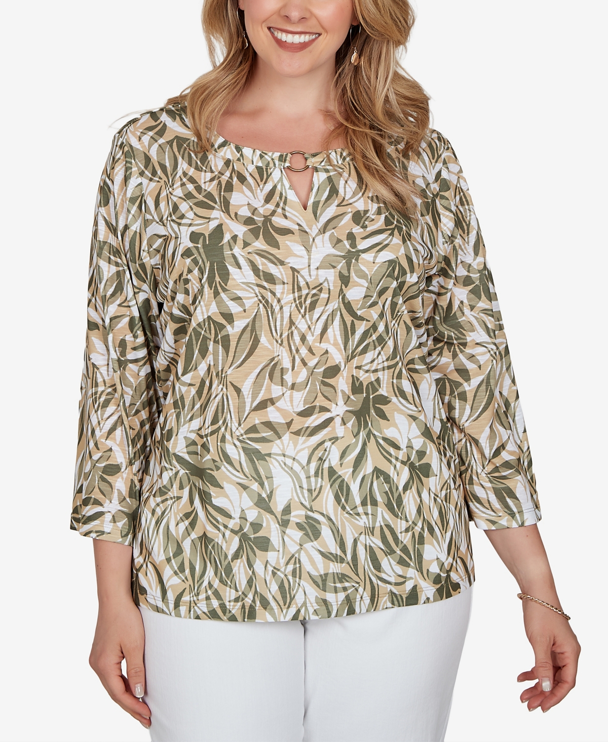 Hearts Of Palm Plus Green Leaf Printed Slub Top