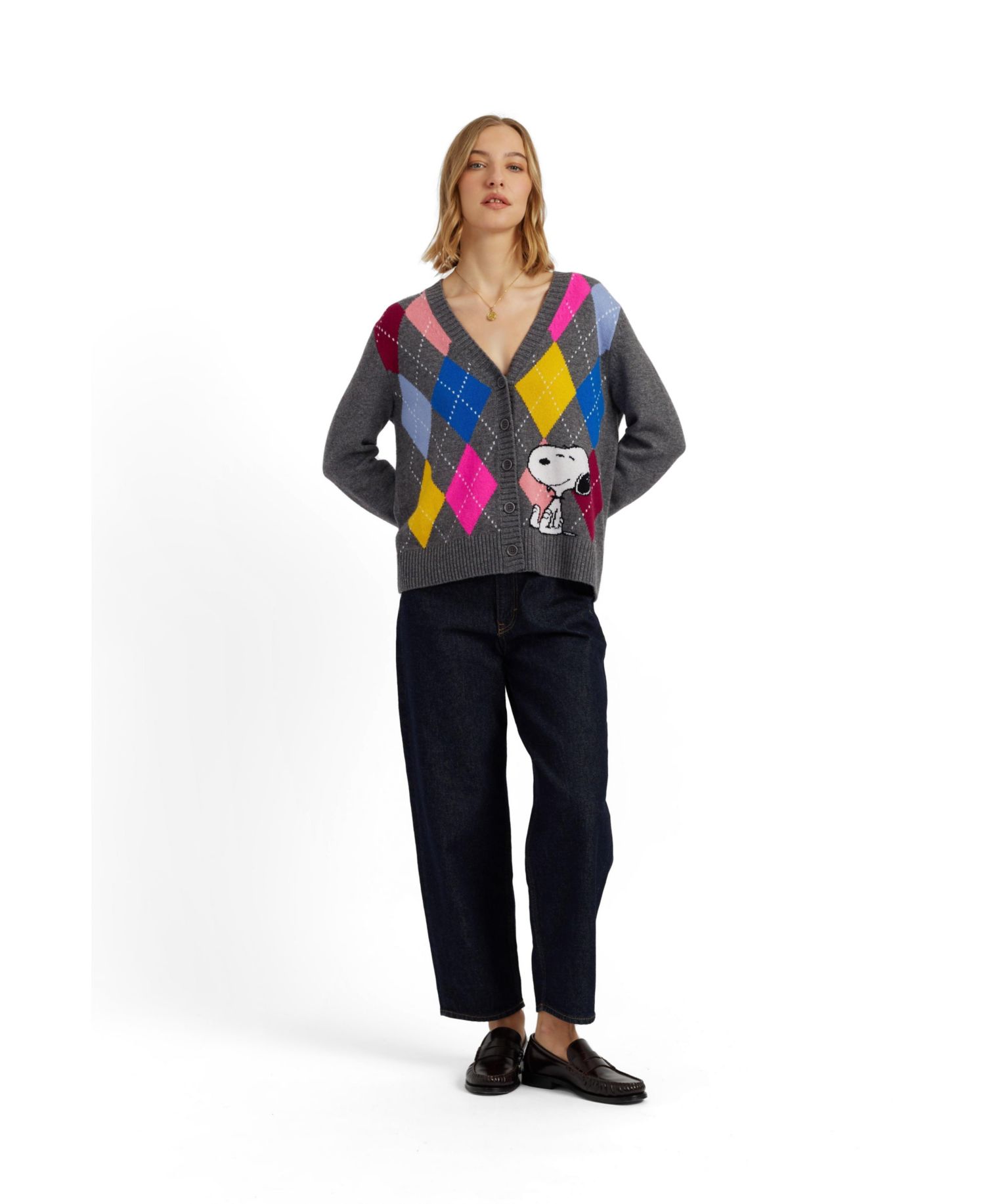 Women's Wool-Cashmere Snoopy Argyle Cardigan