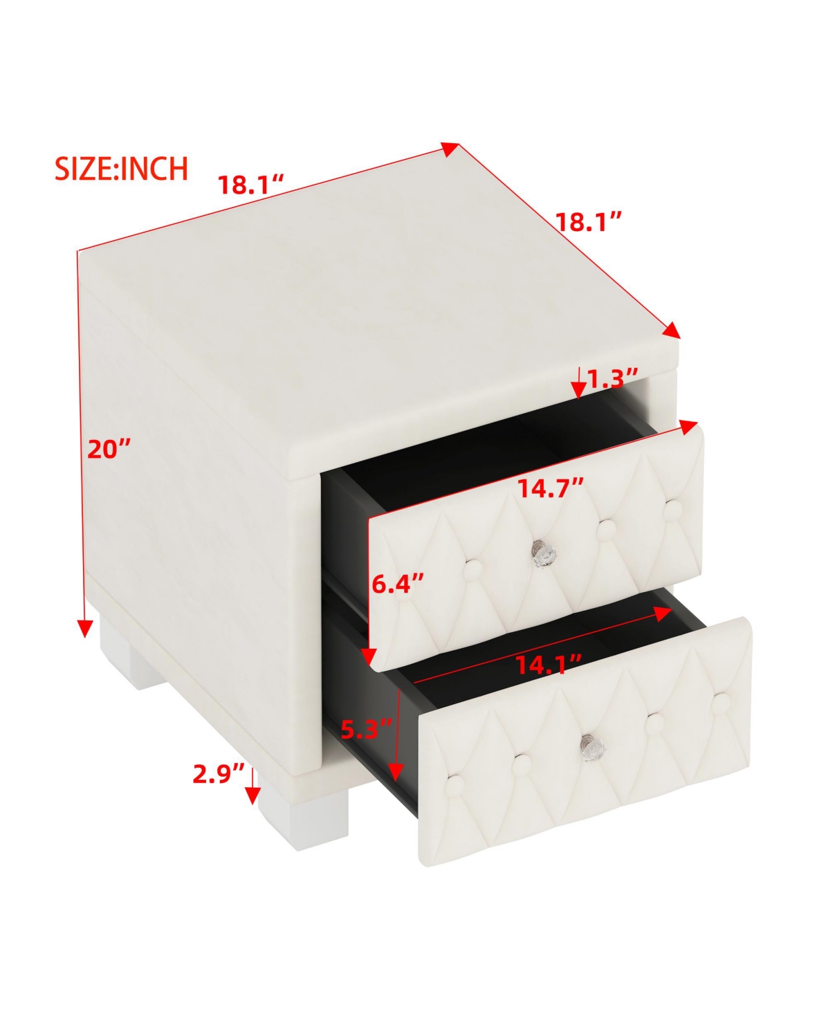 Rainsken Velvet Nightstand With 2 Storage Drawers, Modern Bedside Table With Diamond Tufted Design And Crystal Knobs For Bedroom, Living Room