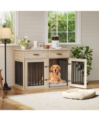 44.5'' Dog Crate Furniture with Storage Drawers, Wooden Double Dog Cage TV Stand with 2 Sliding Barn Doors, for Medium/Large Breeds