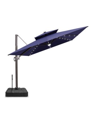 Outdoor Patio 9x11FT Aluminum Double Canopy Solar Lights Cantilever Umbrella with Rod Wheel Base