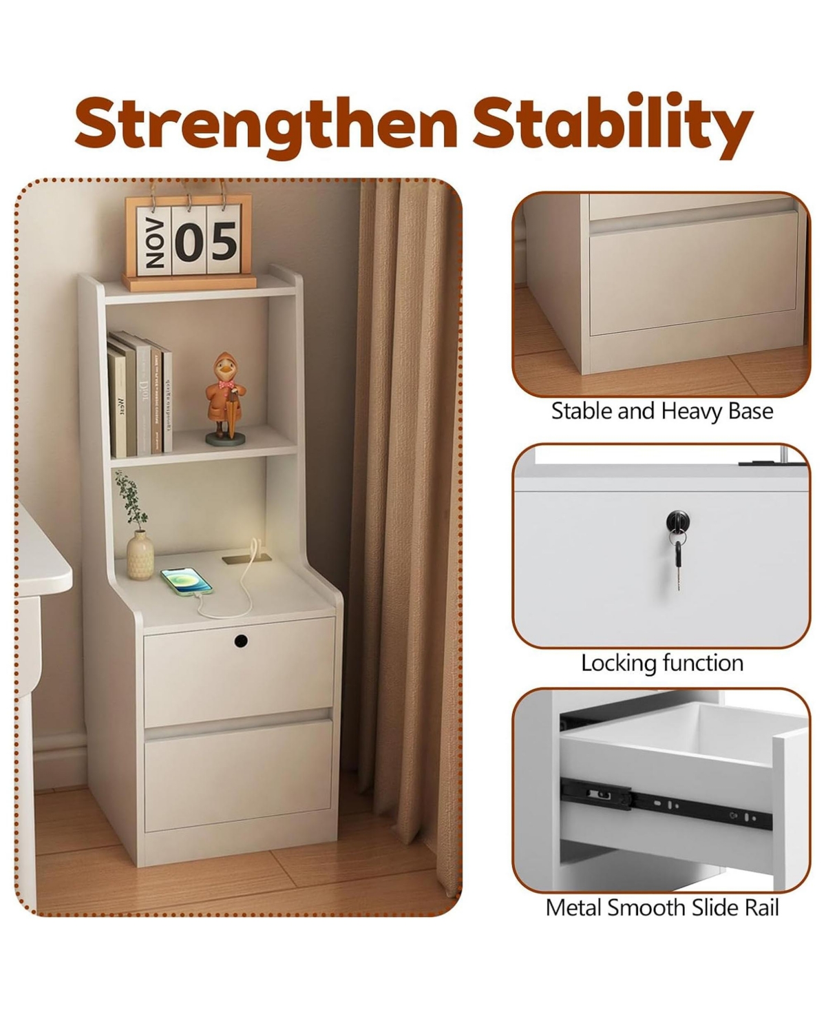 Rainsken Nightstand with Charging Station and Night Light
