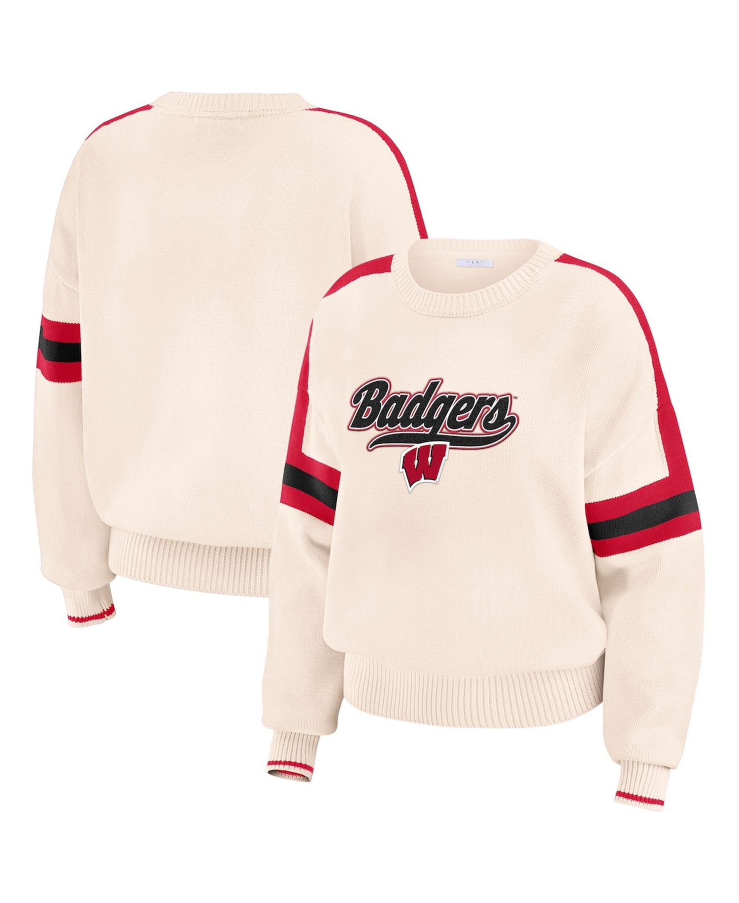 Women's Cream Wisconsin Badgers Chenille Woven Patch Stripe Pullover Sweater