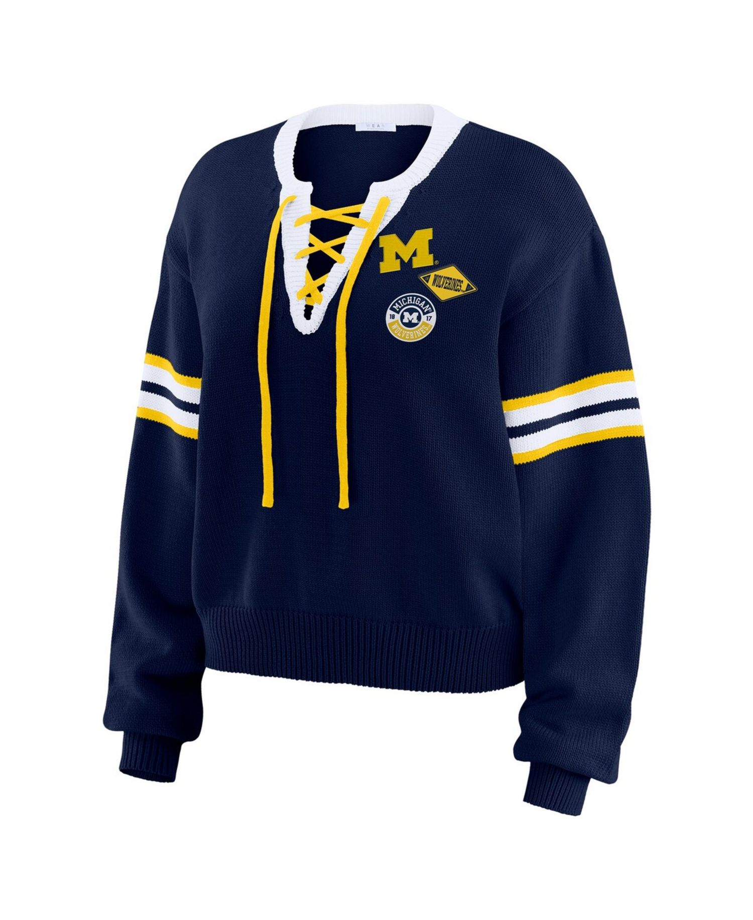 Women's Navy Michigan Wolverines Lace-Up Pullover Sweater