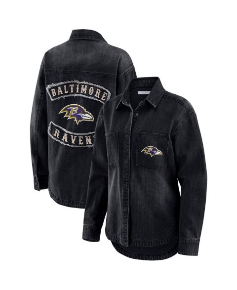 Женские куртки WEAR by Erin Andrews Women's Black Baltimore Ravens Washed Oversized Denim Full-Snap Shacket