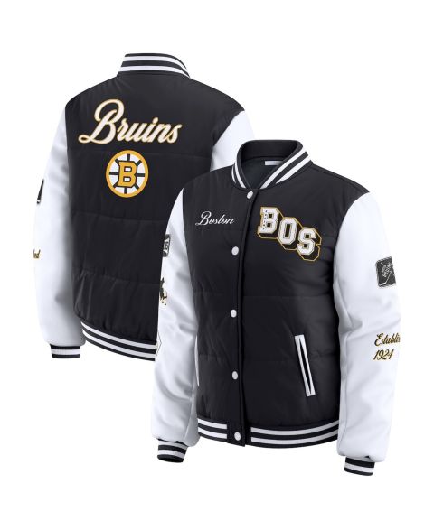 Женские куртки WEAR by Erin Andrews Women's Black/White Boston Bruins Varsity Full-Snap Puffer Jacket