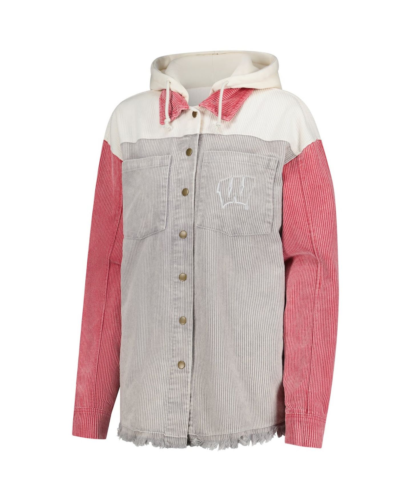 Женские куртки Gameday Couture Gray Distressed Wisconsin Badgers Vintage-Like Wash Corduroy Full-Snap Hooded Shacket — фото 3